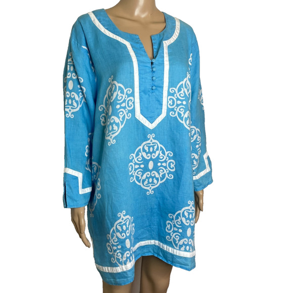 Women's 3X Sarah Spencer 100% Linen Blue Ikat Patterned Tunic Pullover Blouse - Picture 2 of 4